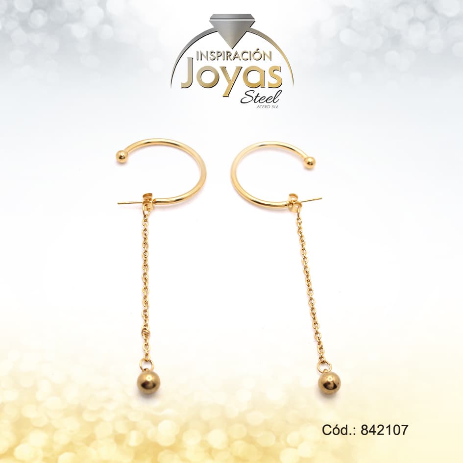 Zarcillo Acero Dorado Con Cadeneta Y Esfera Colgante - 842107