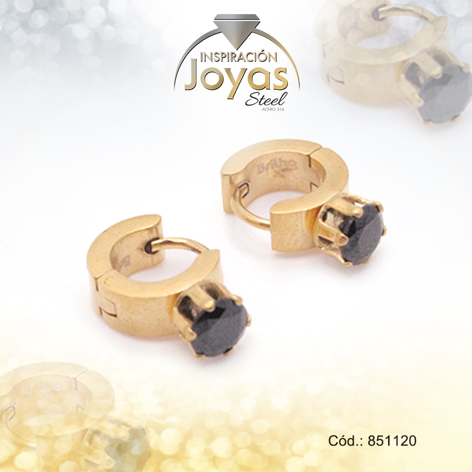 Argolla de Acero Huggies con Circón Dorado Círculo Negro - 851120