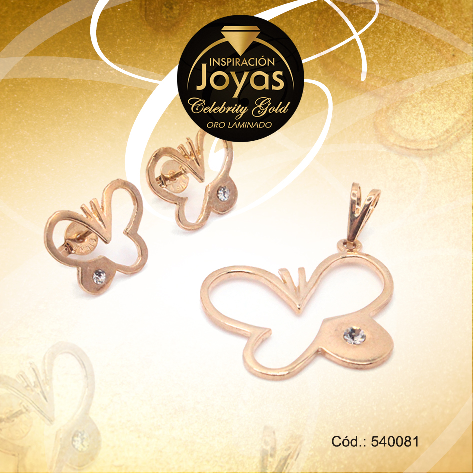 Conjunto Celebrity Gold Dama Zarcillo + Dije Dorado Mariposa - 540081