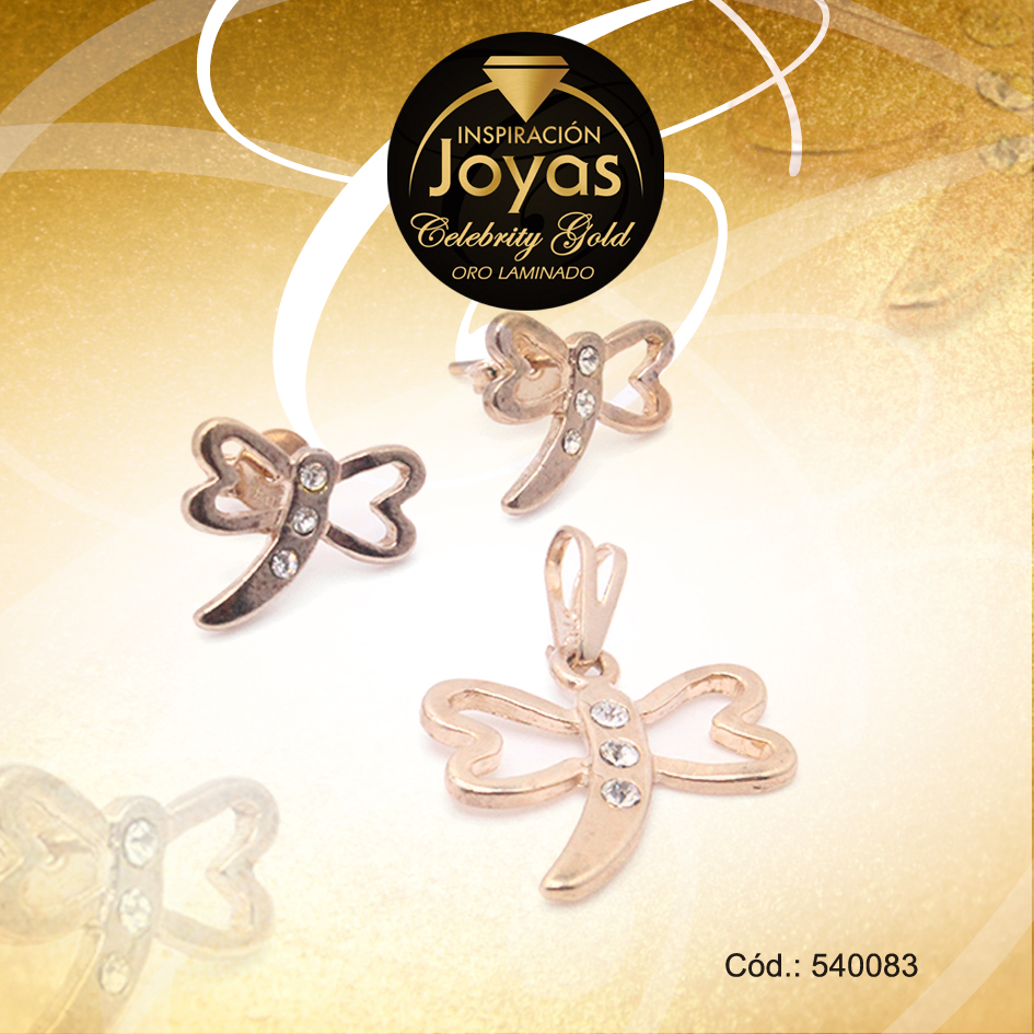 Conjunto Celebrity Gold Dama Zarcillo + Dije Dorado Libélula - 540083