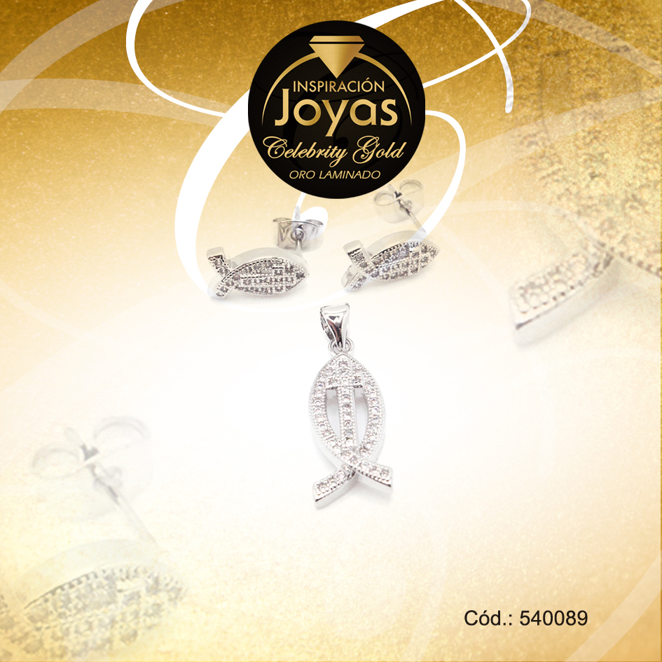 Conjunto Celebrity Gold Dama Zarcillo + Dije Plateado Pez - 540089