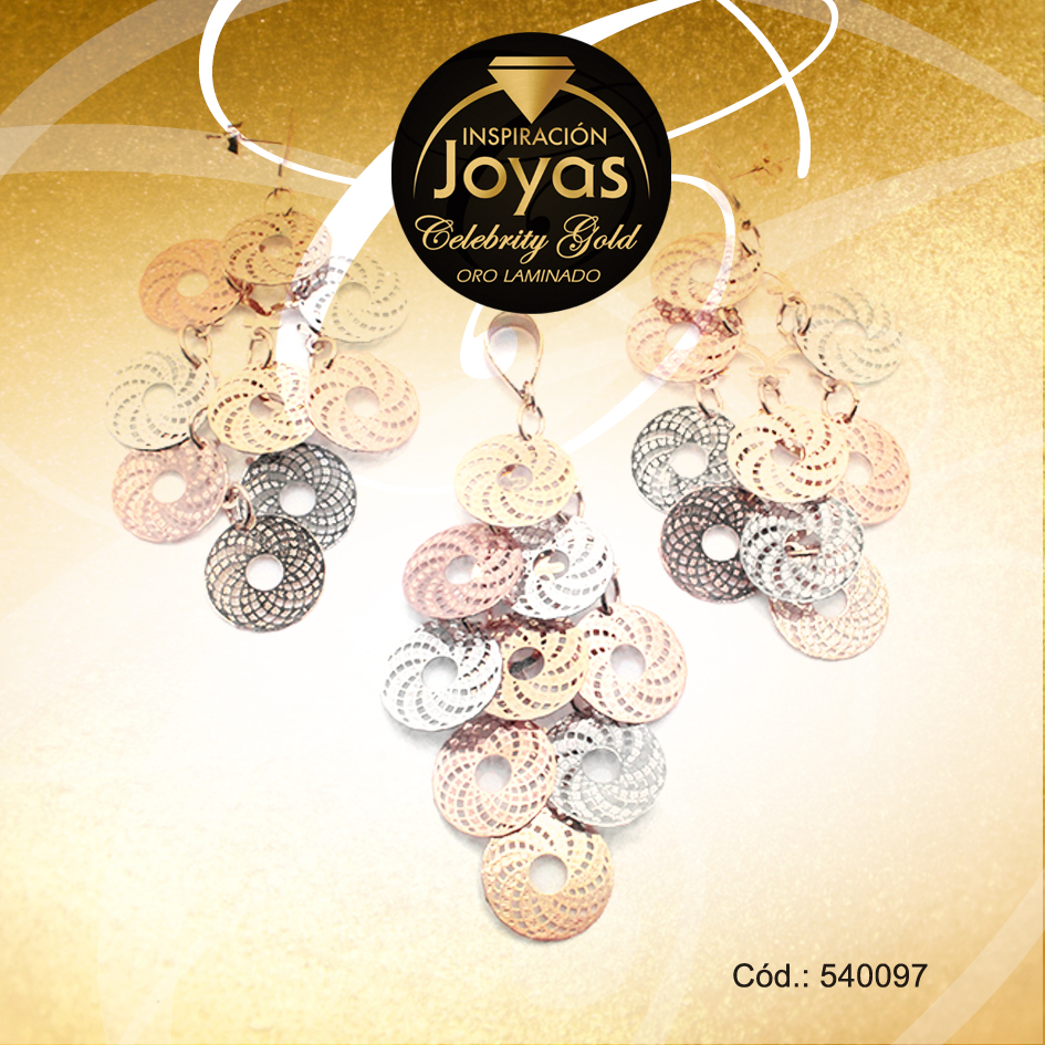 Conjunto Celebrity Gold Dama Zarcillo + Dije 3 Tonos Círculos - 540097