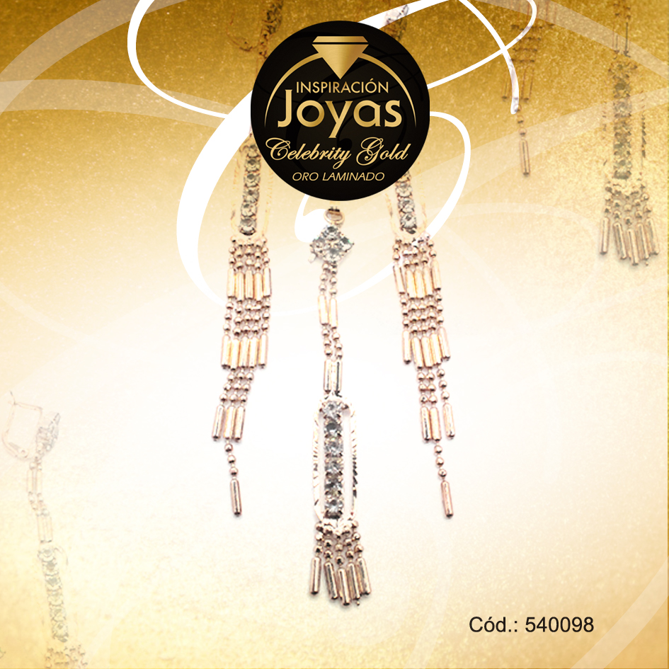 Conjunto Celebrity Gold Dama Zarcillo + Dije Dorado Barras con Esferas - 540098