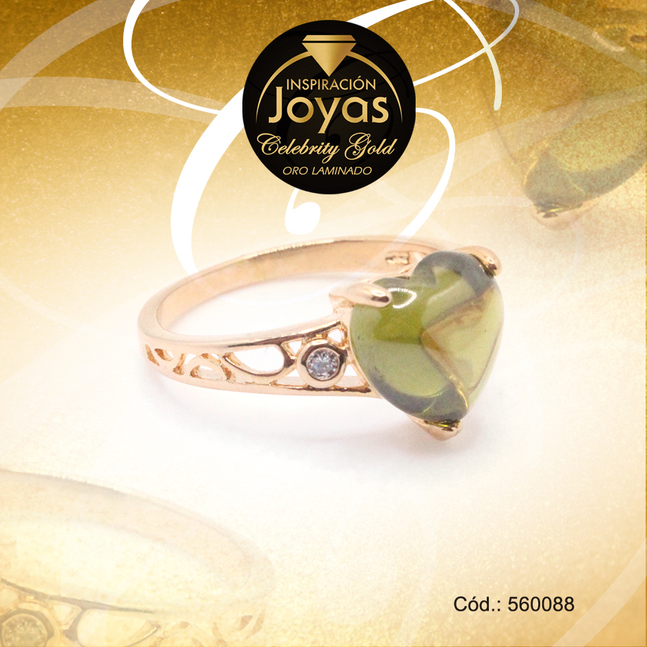 Anillo Celebrity Gold Aleación Piedra Dorado Corazón Verde T: 6 - 560088
