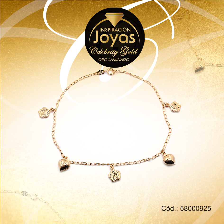 Pulsera Celebrity Gold Variado Colgante Dorado Flor, Corazón - 58000925