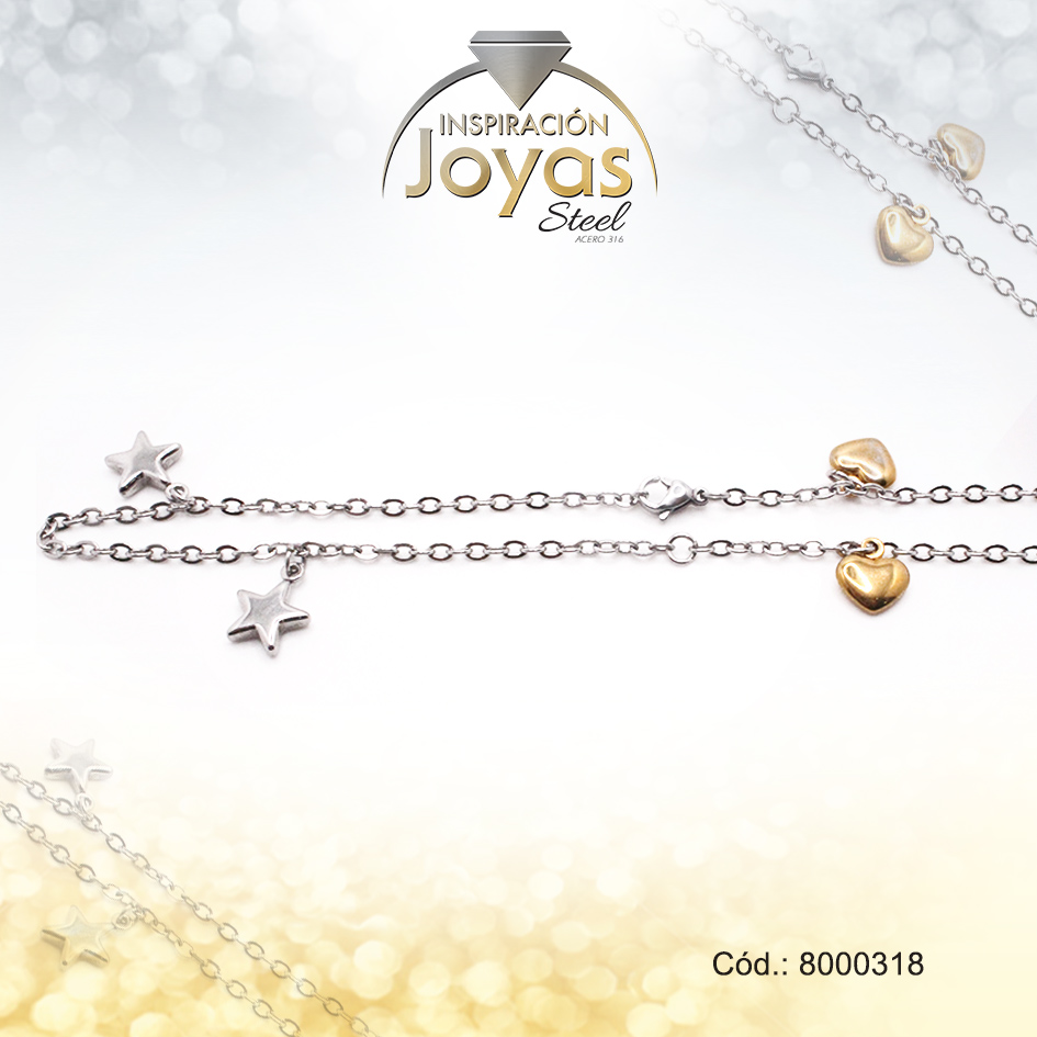 Pulsera de Acero Colgante 2 Tonos Corazón, Estrella Medida 18 cm - 8000318
