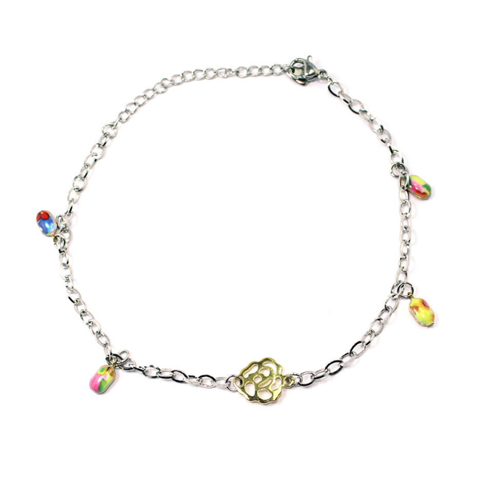 Tobillera de Acero Colgante 2 Tonos Flor, Óvalo Multi Color Medida 27 cm - 8032227