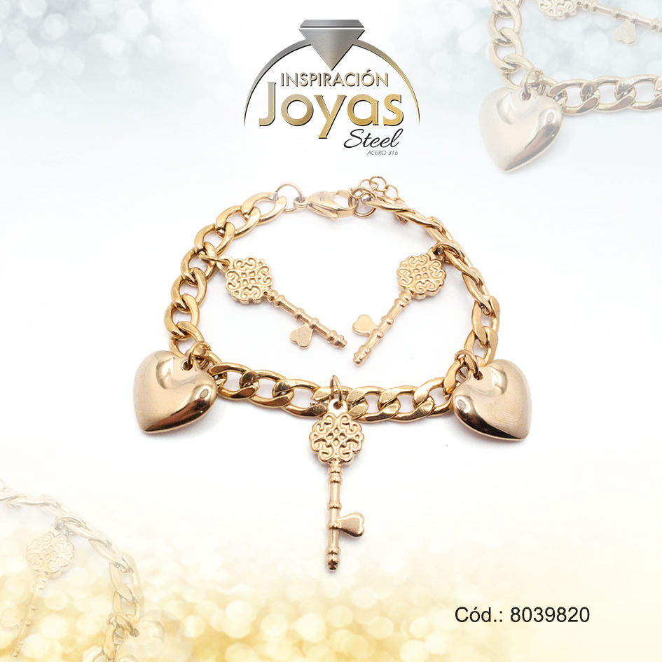 Pulsera de Acero Variado Dorado Corazón, Llave Medida 20 cm - 8039820