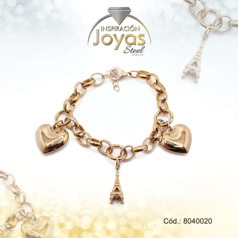 Pulsera de Acero Variado Dorado Corazón, Torre Eifel Medida 20 cm - 8040020