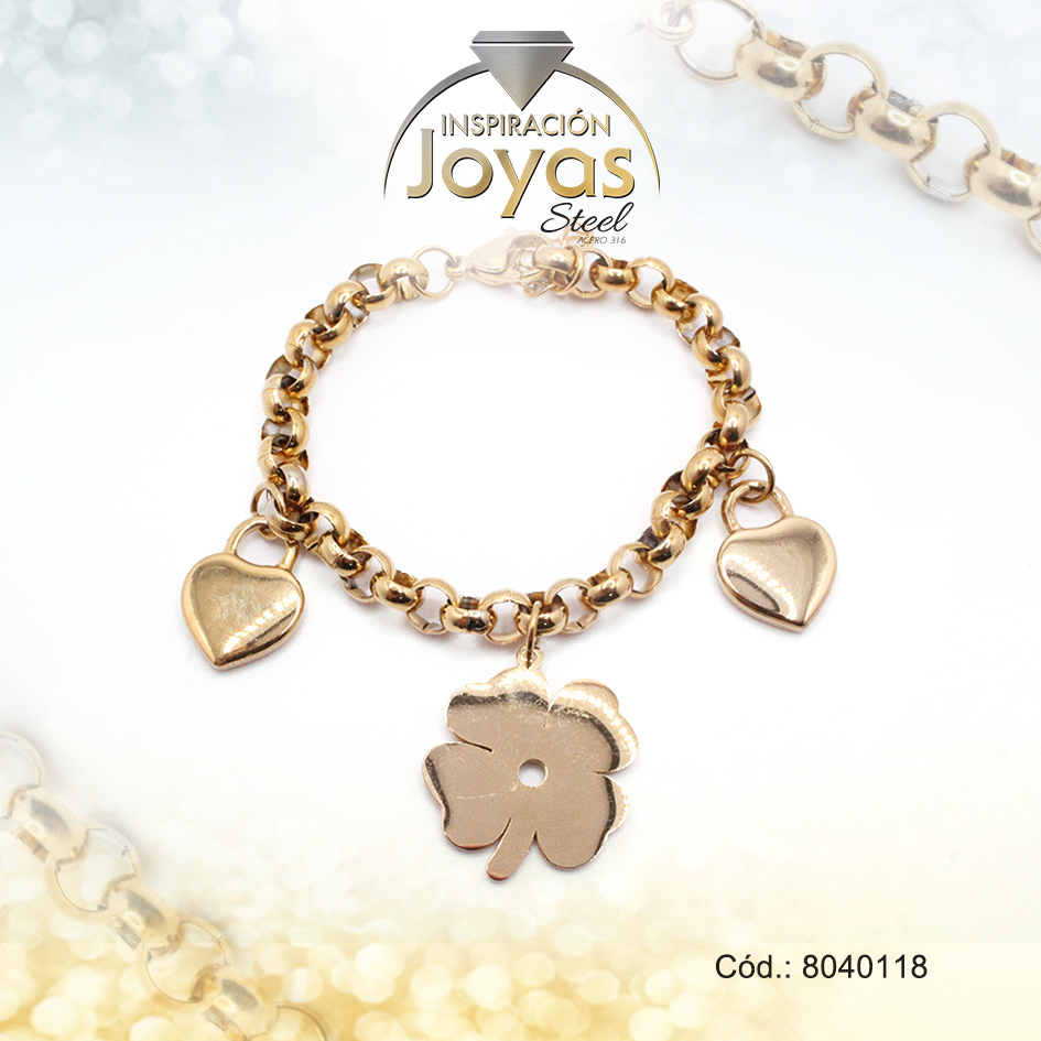 Pulsera de Acero Variado Dorado Corazón, Trébol Medida 18 cm - 8040118