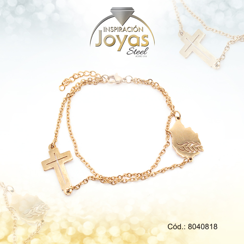 Pulsera de Acero Variado Dorado Cruz, Hojas Medida 18 cm - 8040818