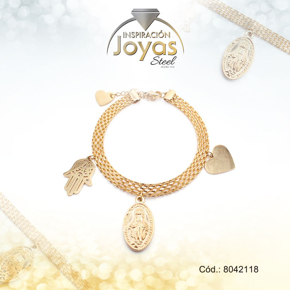 Pulsera de Acero Variado Dorado Mano de Fatima, Corazón, Virgen Medida 18 cm - 8042118