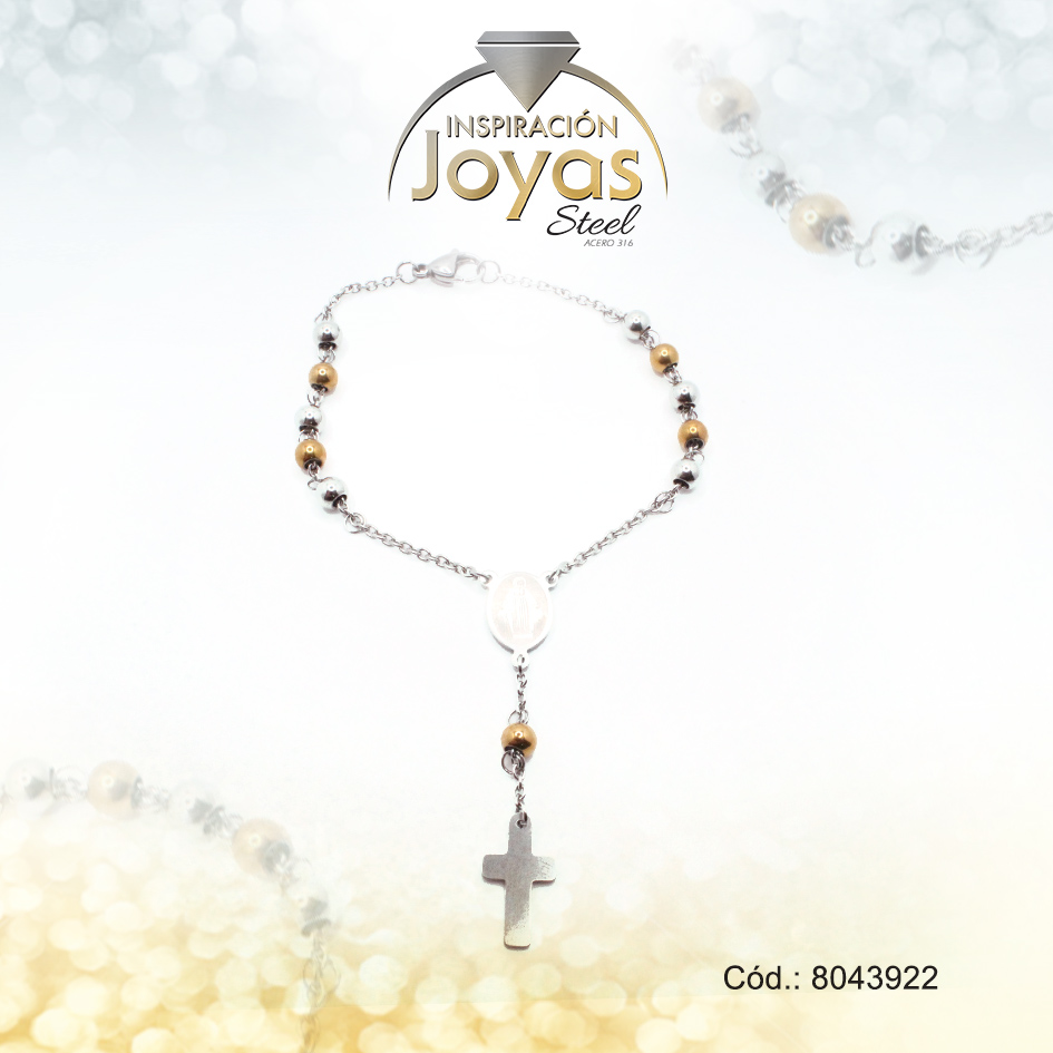 Pulsera de Acero Variado 2 Tonos Denario Cruz, Medalla Medida 22 cm - 8043922