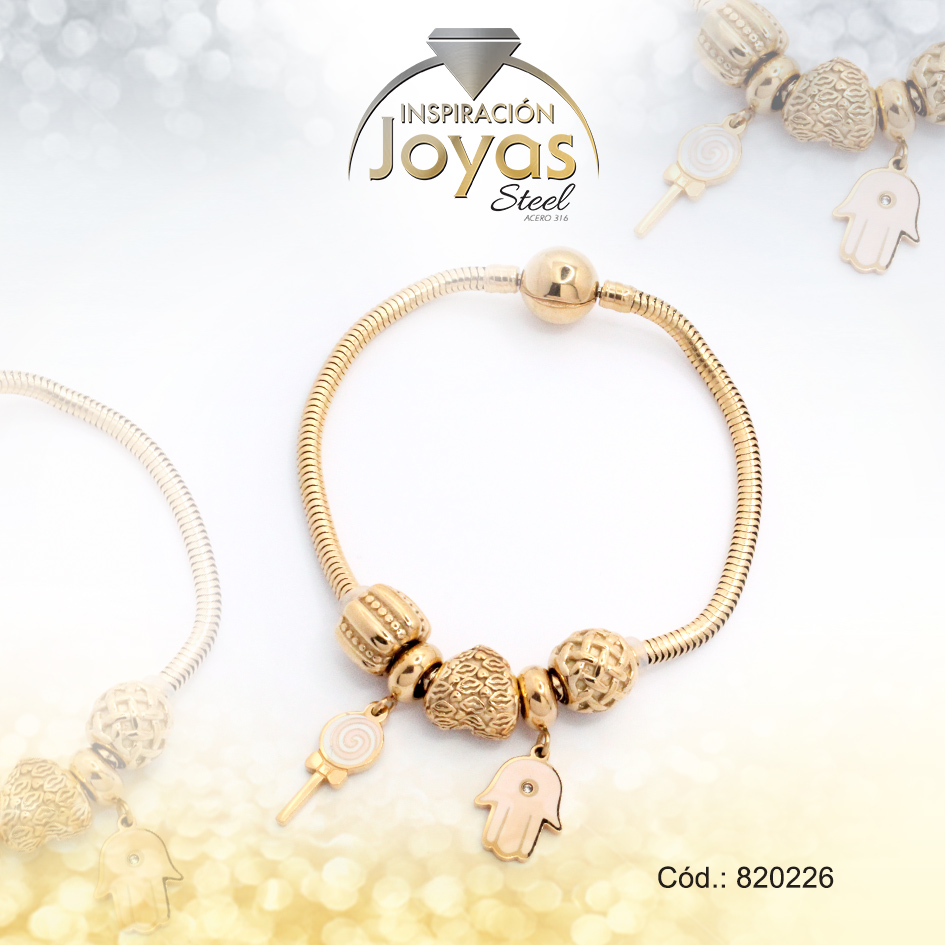 Pulsera de Acero Variado Esmalte Dorado Pandora Mano de Fátima, Chupeta Blanco - 820226