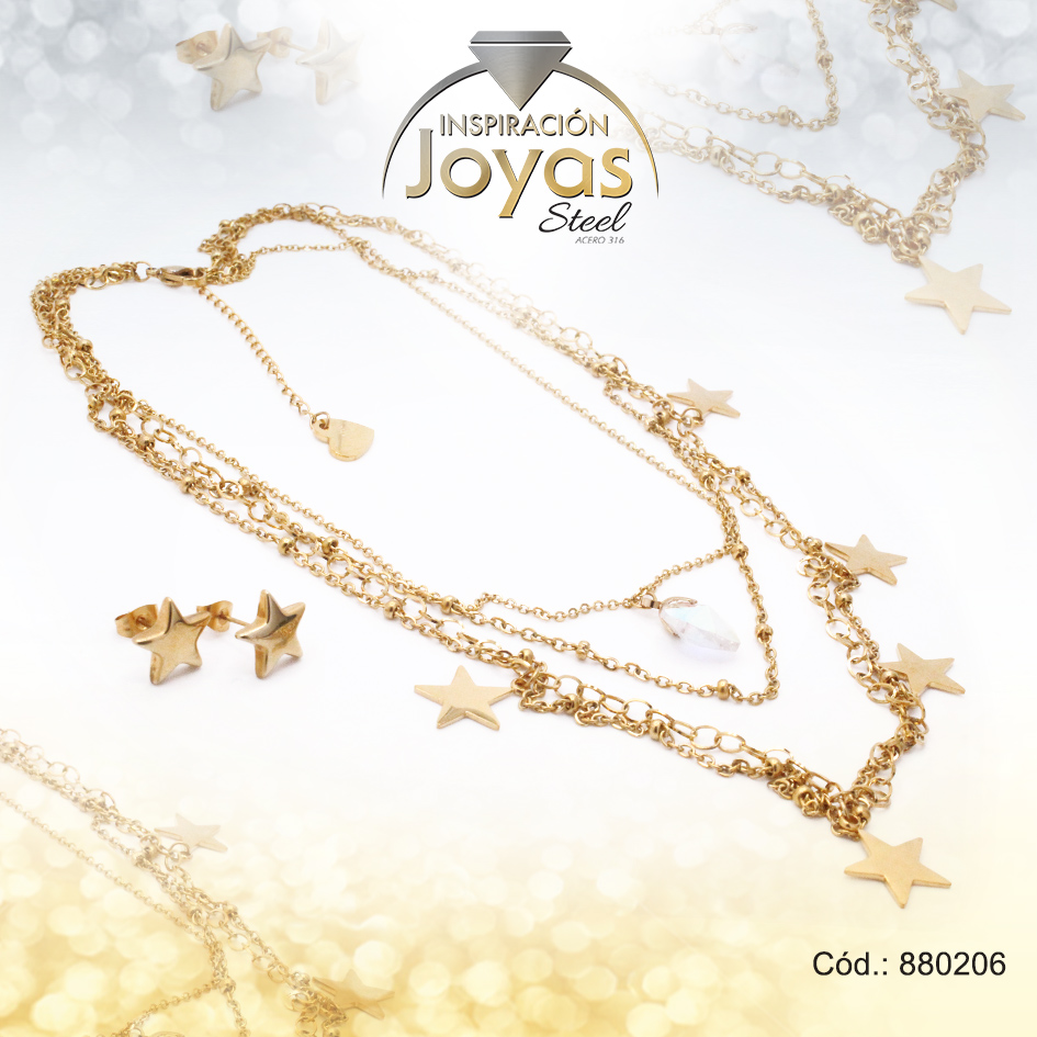 Conjunto de Acero Dama Gargantilla + Zarcillo Estrella Dorado - 880206