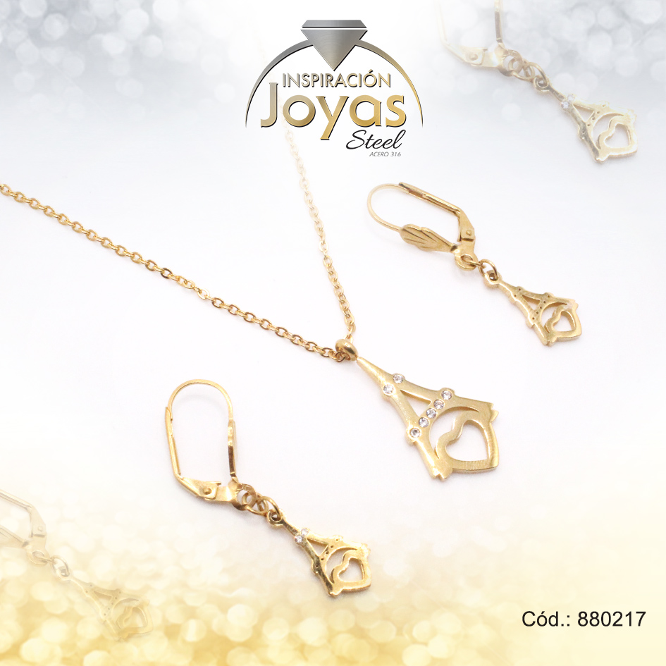 Conjunto de Acero Dama Cadena + Dije + Zarcillo Torre Eiffel Dorado Circón - 880217