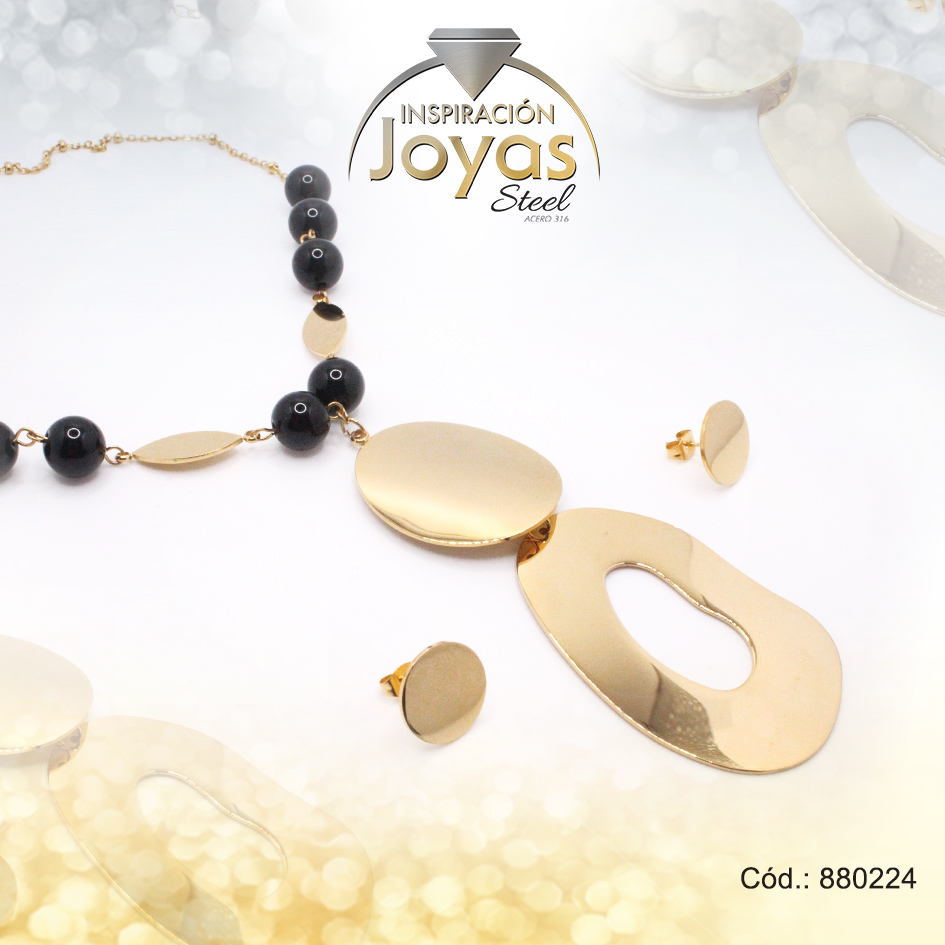 Conjunto de Acero Dama Cadena + Zarcillo Ovalo Dorado Piedra Negro - 880224