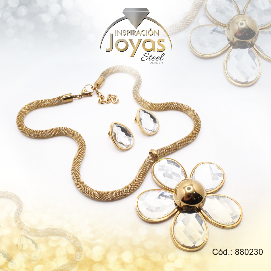 Conjunto de Acero Dama Cadena + Dije + Zarcillo Flor Dorado Circón - 880230