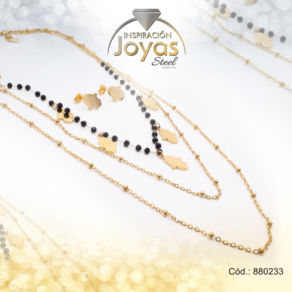 Conjunto de Acero Dama Gargantilla + Zarcillo Mano de Fátima Dorado Piedra Negro - 880233
