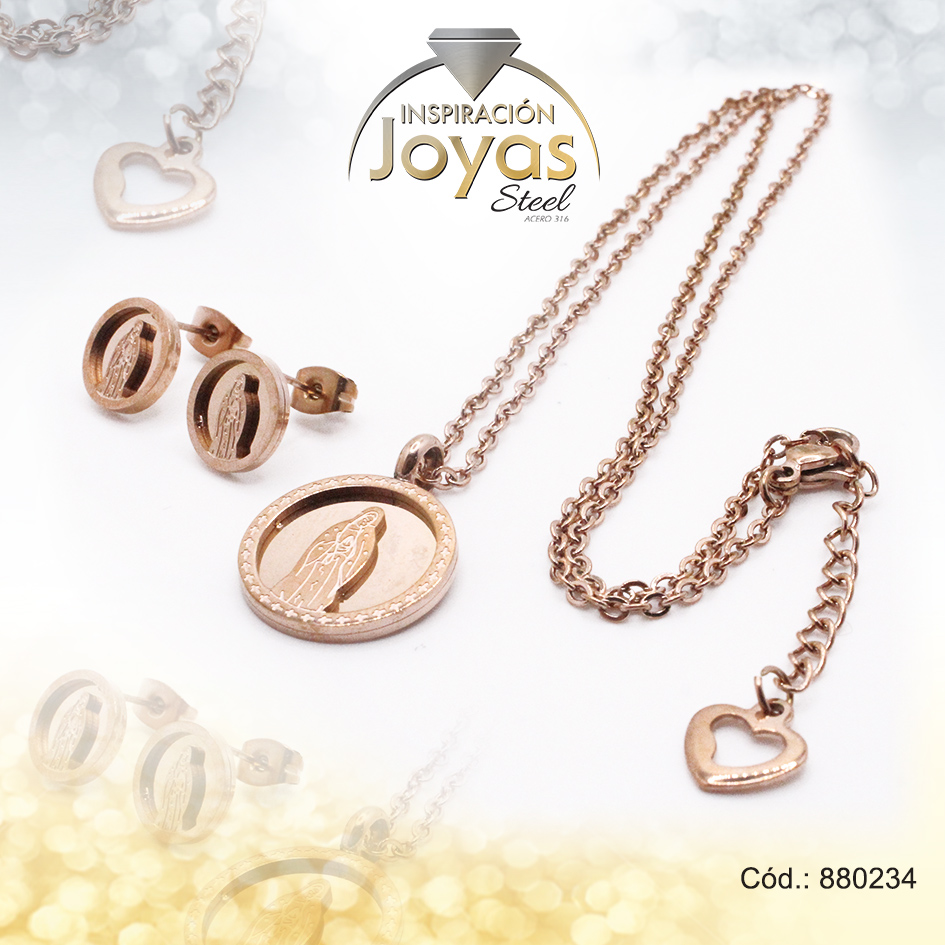 Conjunto de Acero Dama Cadena + Dije + Zarcillo Virgen La Milagrosa Rose Gold - 880234