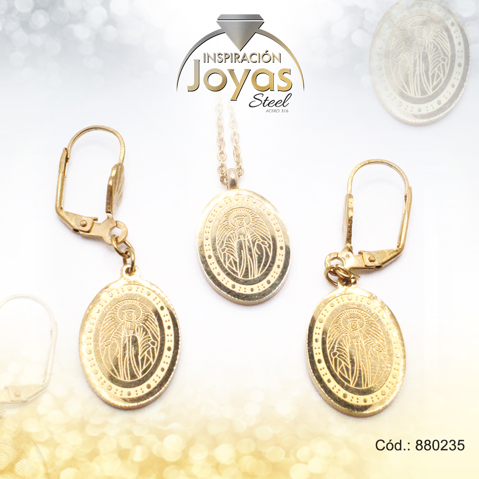 Conjunto de Acero Dama Cadena + Dije + Zarcillo San Benito Dorado - 880235