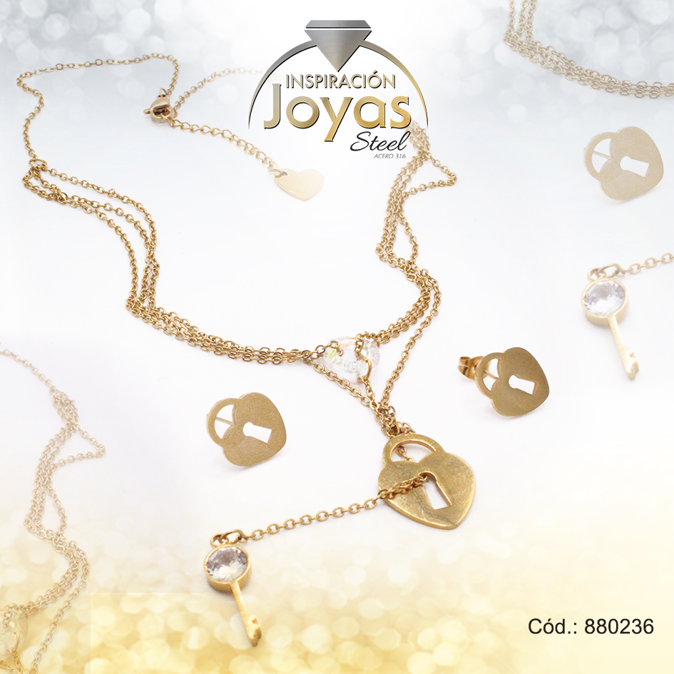 Conjunto de Acero Dama Gargantilla + Dije + Zarcillo Corazón Dorado Circón - 880236