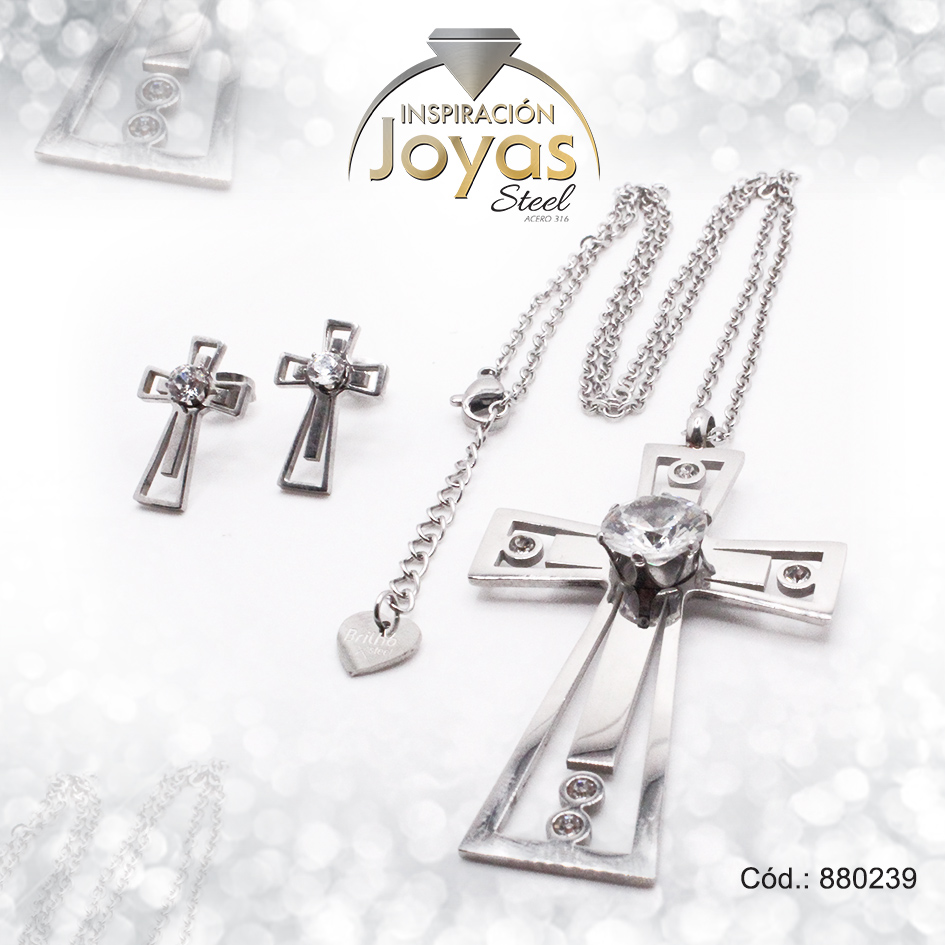Conjunto de Acero Dama Cadena + Dije + Zarcillo Cruz Plateado Circón - 880239