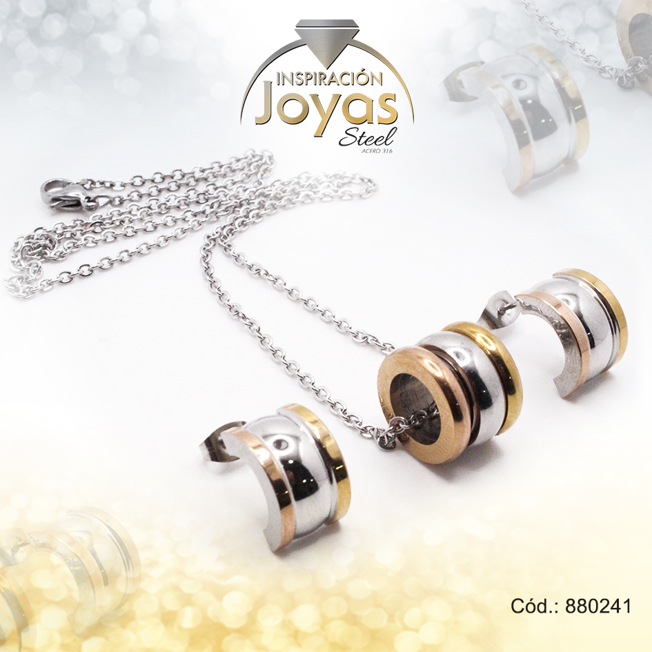 Conjunto de Acero Dama Cadena + Dije + Zarcillo Circulo 3 Tonos - 880241