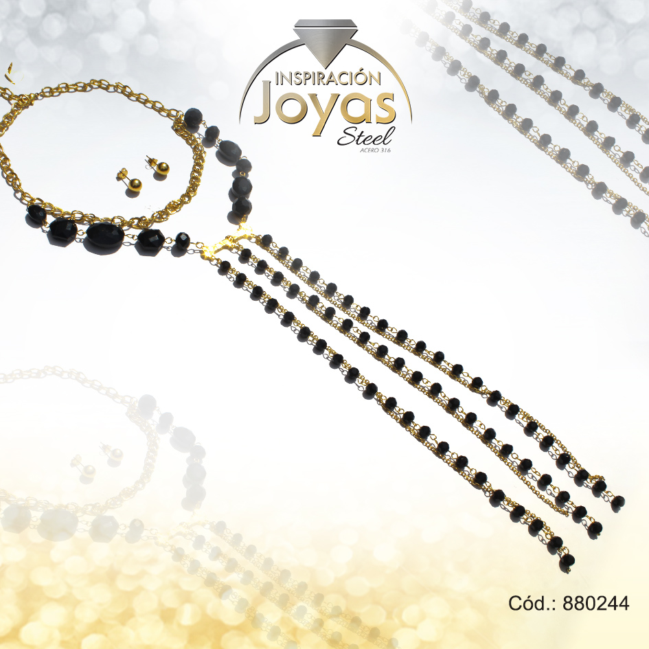 Conjunto de Acero Dama Gargantilla + Zarcillo Esfera Dorado Piedra Negro - 880244