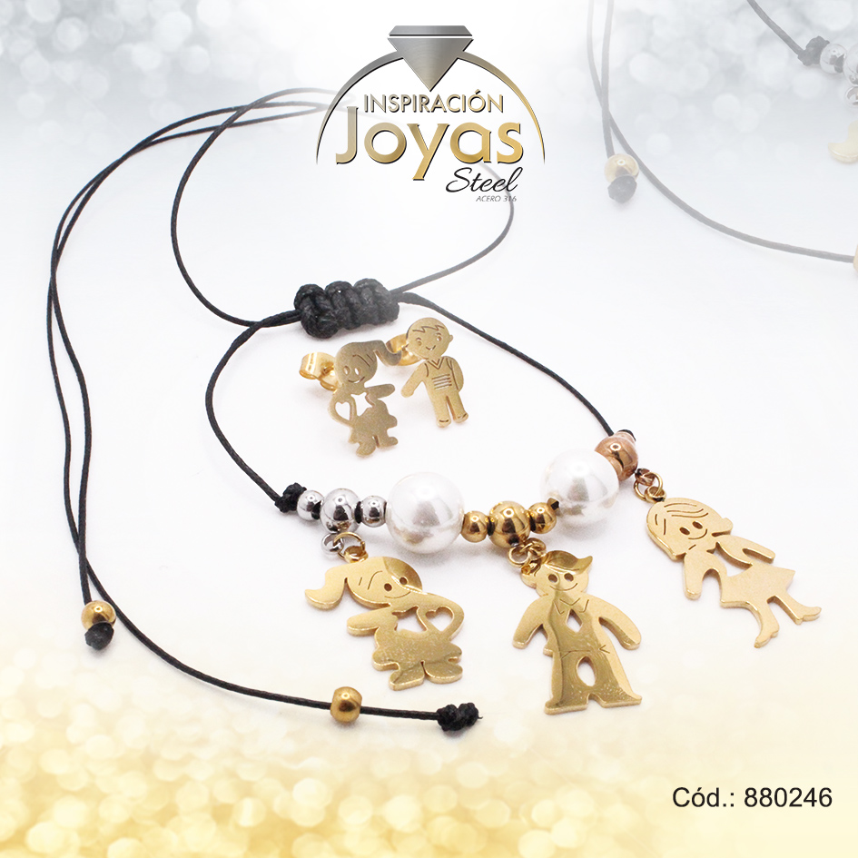 Conjunto de Acero Dama Cadena + Dije + Zarcillo Niños 3 Tonos Cuero Negro - 880246