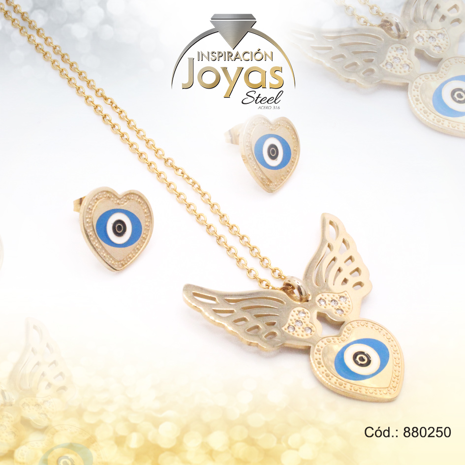 Conjunto de Acero Dama Cadena + Dije + Zarcillo Ojo Turco Dorado Esmalte Azul y Negro - 880250