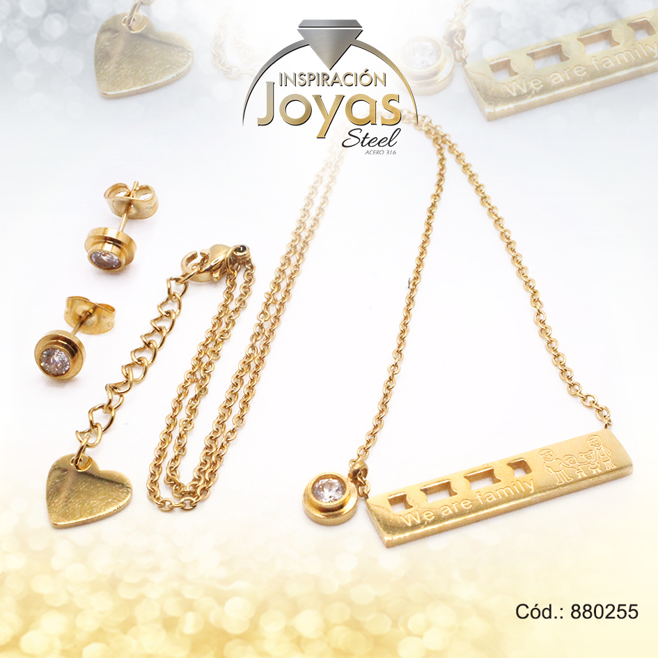 Conjunto de Acero Dama Cadena + Dije + Zarcillo Solitario Dorado Circón - 880255
