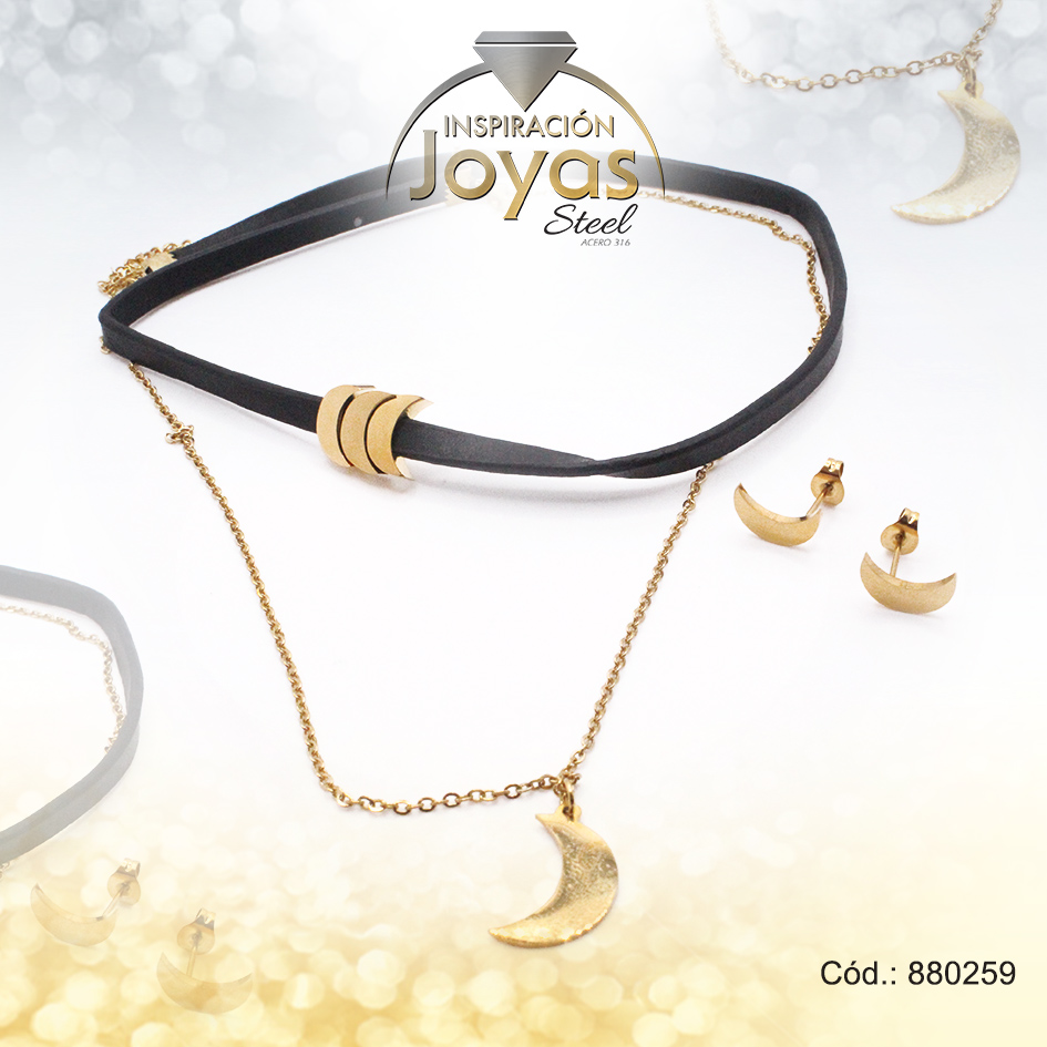 Conjunto de Acero Dama Gargantilla + Dije + Zarcillo Luna Dorado Cuero Negro - 880259