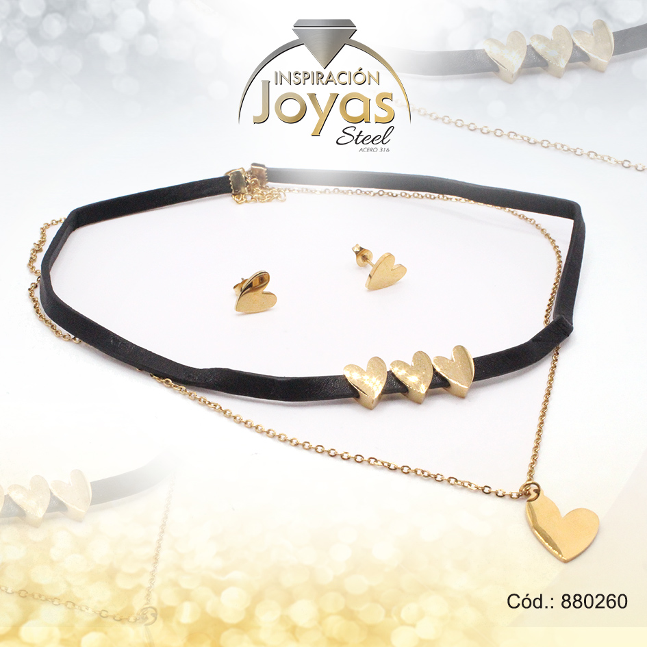 Conjunto de Acero Dama Gargantilla + Dije + Zarcillo Corazón Dorado Cuero Negro - 880260
