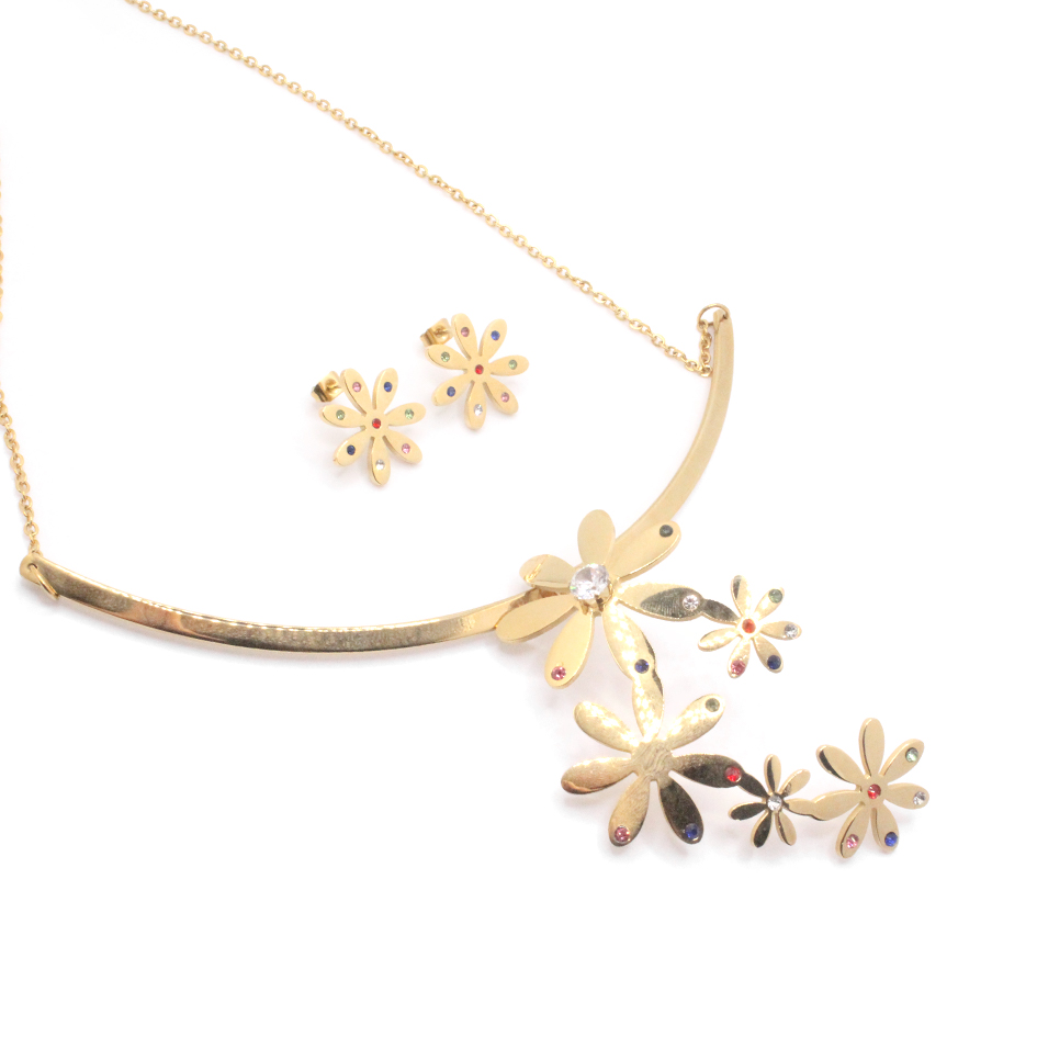 Conjunto de Acero Dama Gargantilla + Dije + Zarcillo Flor Dorado Circón Multi Color - 880264