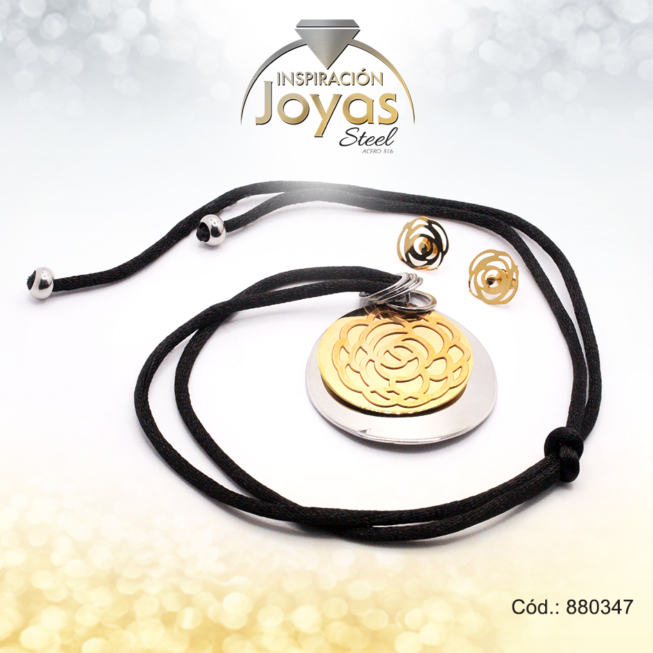 Conjunto de Acero Dama Cadena + Dije + Zarcillo Circulo 2 Tonos Cuero Negro - 880347