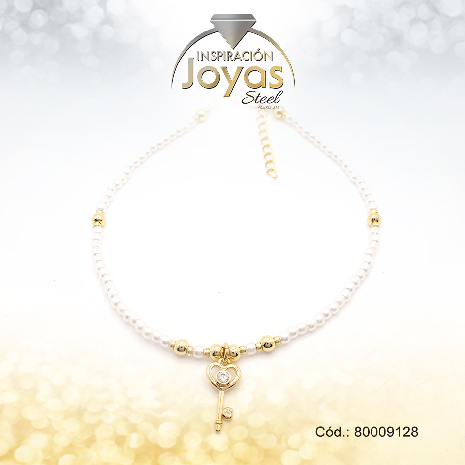 Tobillera Acero Dorado Perlas-Colgante Llave En Forma De Corazon - 80009128