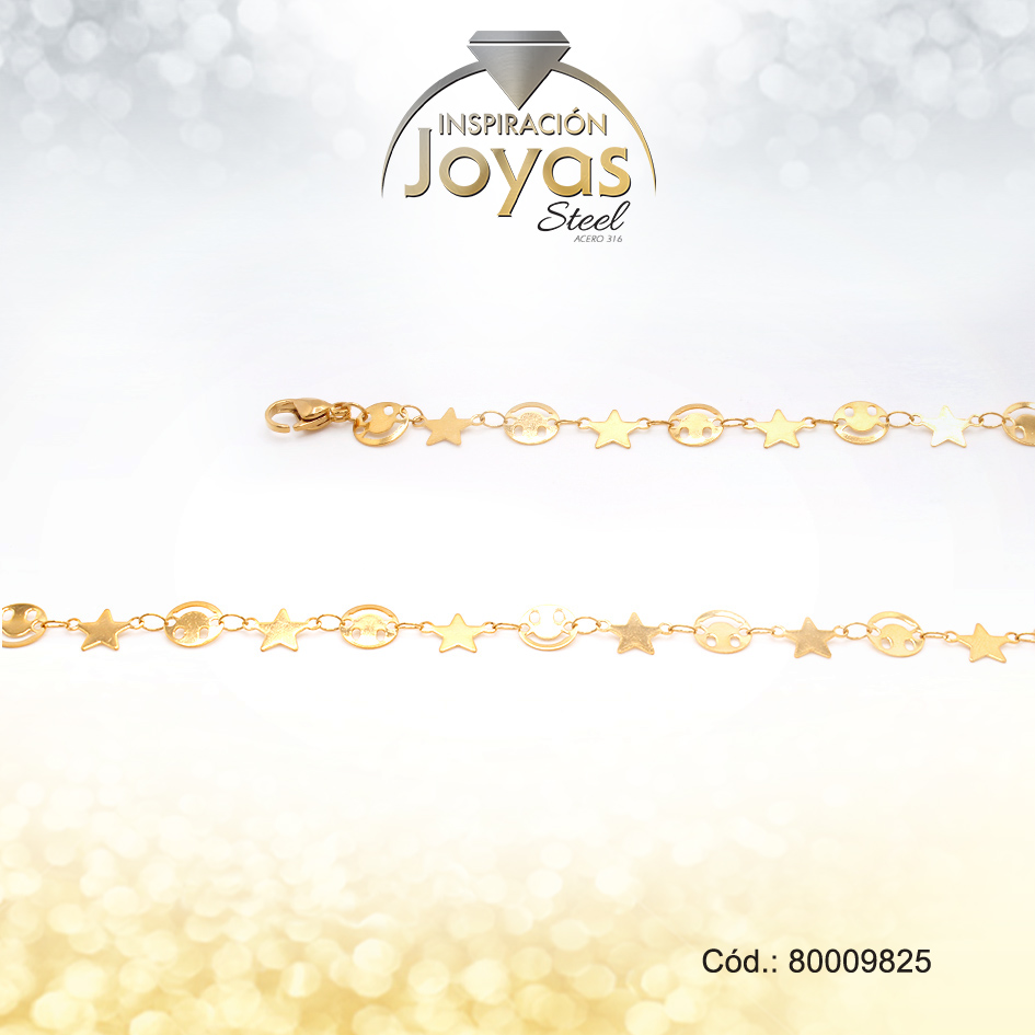 Tobillera-Cara Feliz- Estrellas-Dorada-Acero-25Cm - 80009825