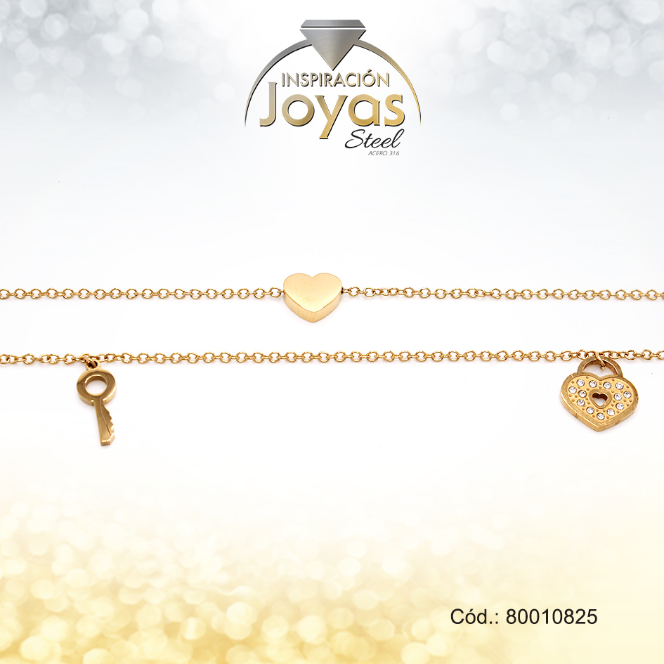 Tobillera Acero Dama Dorada - Doble Con Corazon Y Circon - 80010825