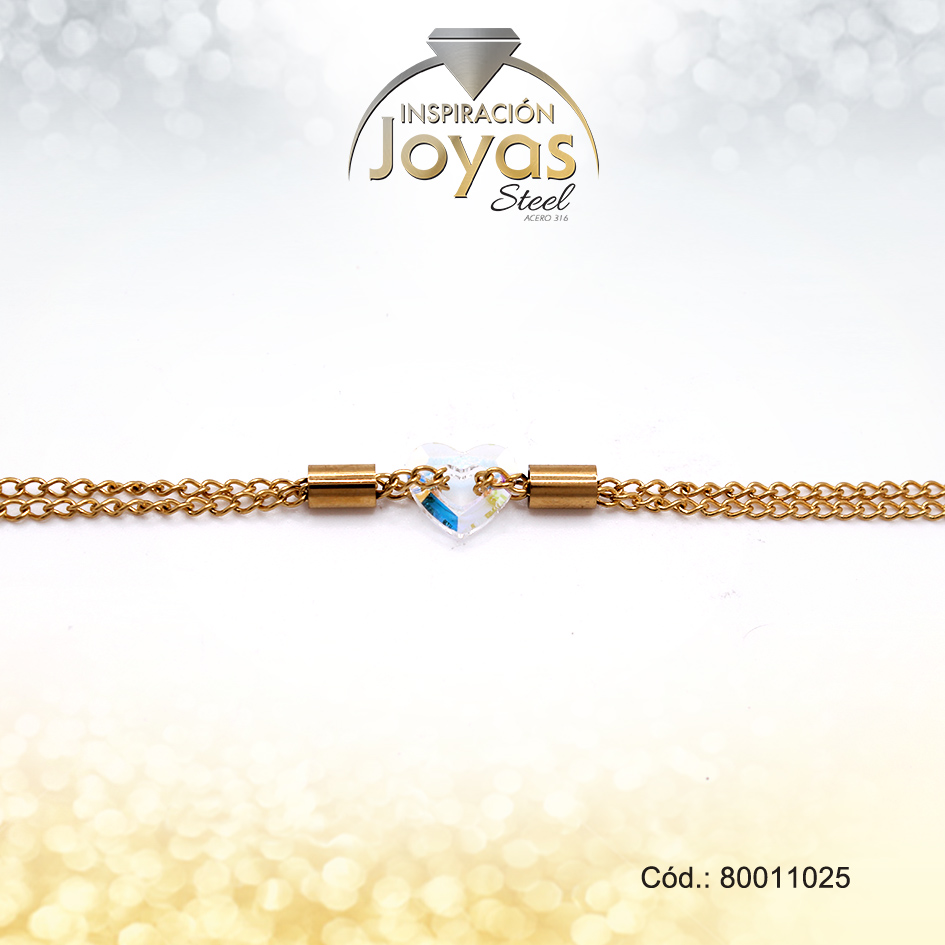 Tobillera Acero Dama Dorada - Doble Con Corazon Brillante Tornazol 25Cm - 80011025