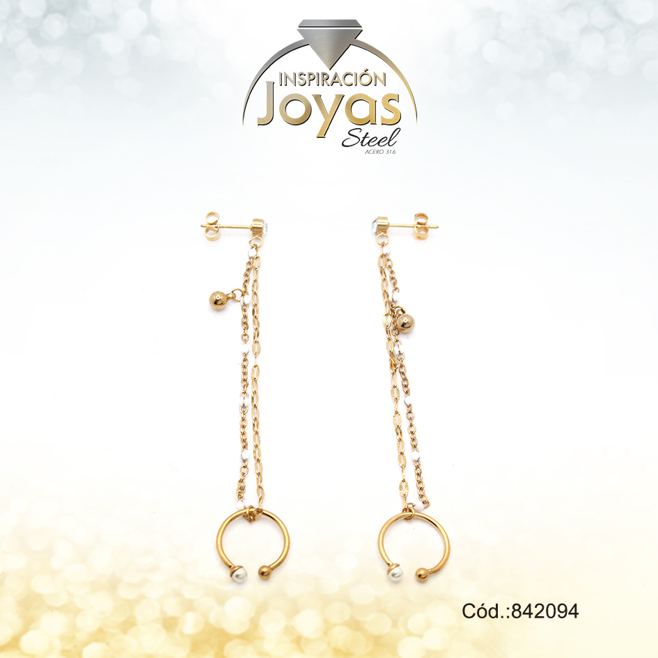 Zarcillo+Earcuff Acero Dorado Con Colgante Acrilico Blanco - 842094