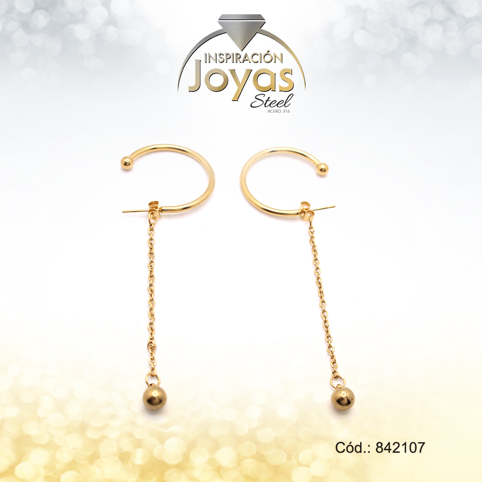 Zarcillo Acero Dorado Con Cadeneta Y Esfera Colgante - 842107