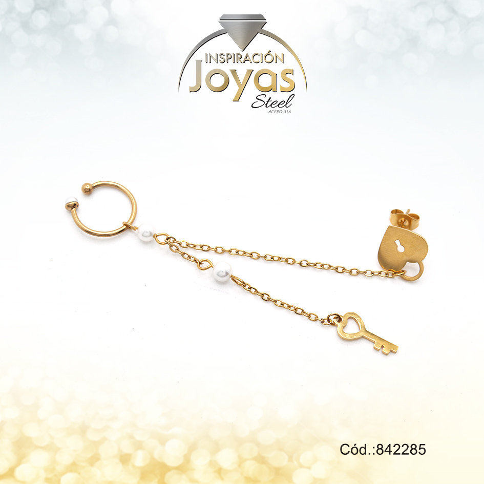 Zarcillo+Earcuff Acero Dorado Con Colgante Llave/Corazon Perla Blanca - 842285