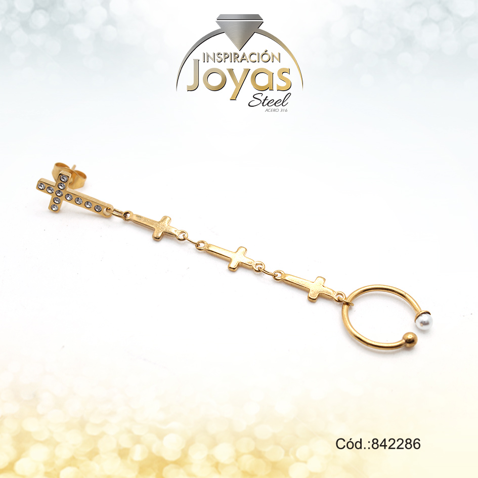 Zarcillo+Earcuff Acero Dorado Con Colgante De Cruz Y Circones Blancos - 842286