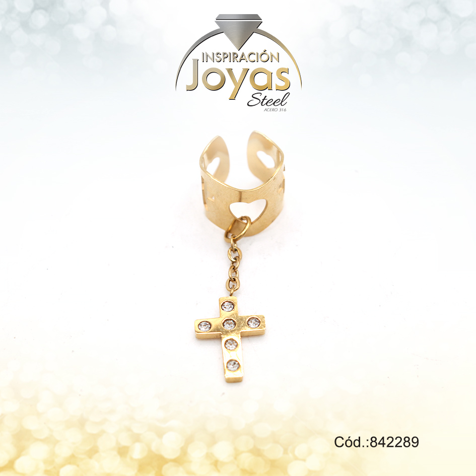Earcuff Acero Dorado Corazon Y Cruz Colgante Con Circon Blanco - 842289