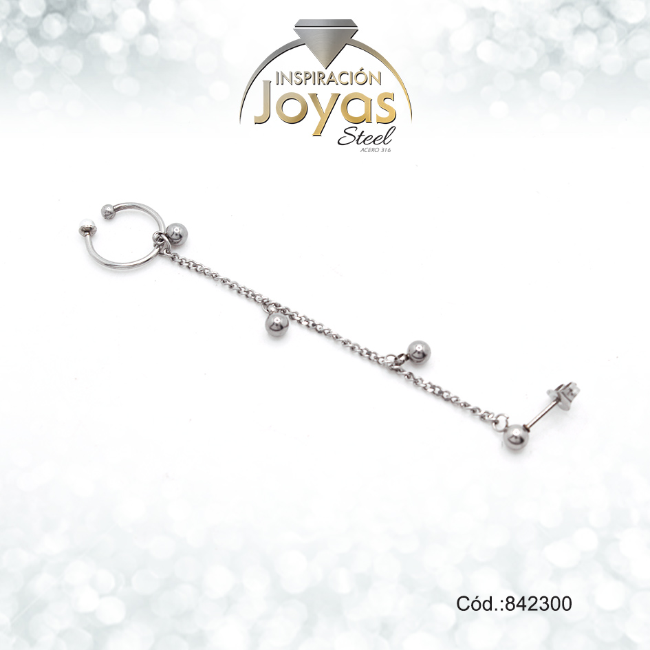 Zarcillo+Earcuff Acero Plateado Con Colgante De Esfera Lisa - 842300