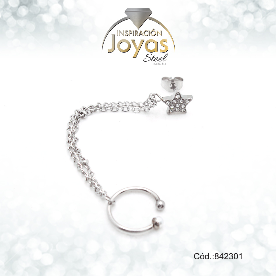 Zarcillo+Earcuff Acero Plateado De Estrella Con Circon Blanco Y Cadeneta - 842301