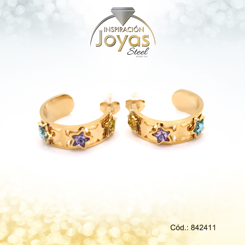 Zarcillo Acero Dorado Estilo Argolla 3 Estrellas Cristal Colores  - 842411