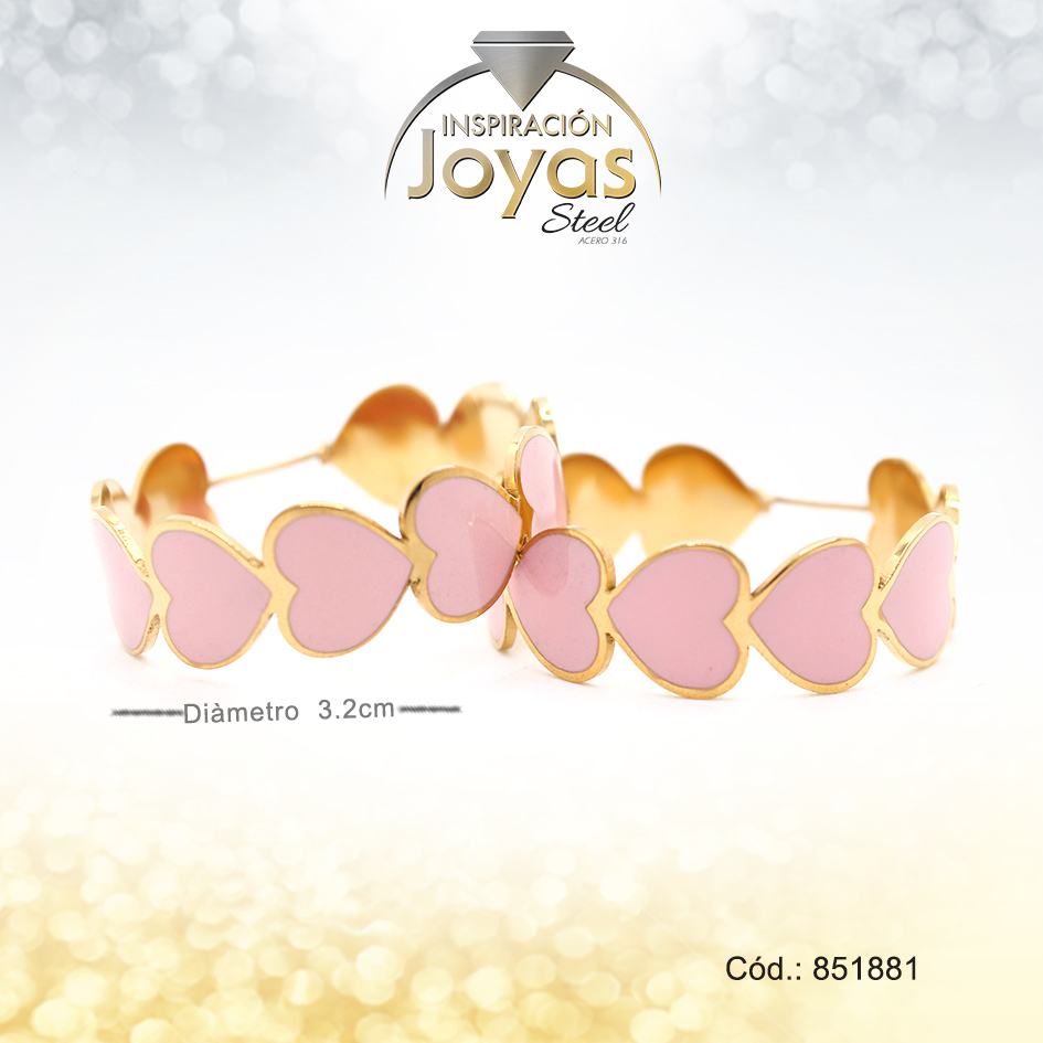 Argolla Acero Dorado Corazones Esmaltados Rosado - 851881
