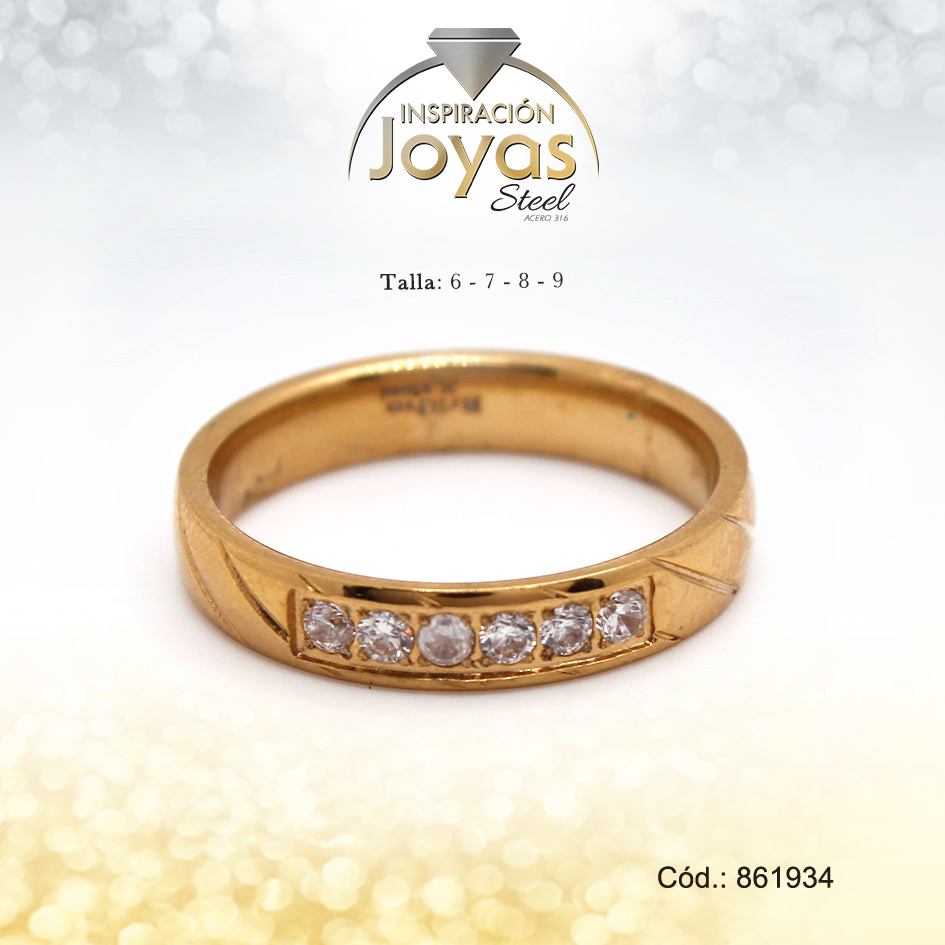 Anillo - Acero - Forma De Aro - Dorado - Lineas Con Cristal T: 8 - 86193480